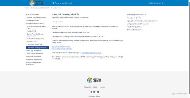 Security scan screenshot of https://faq.michiganlottery.com/in-store-games-information-baceb743/powerball-faq-21212a89/powerball-drawing-schedule-26b755f1