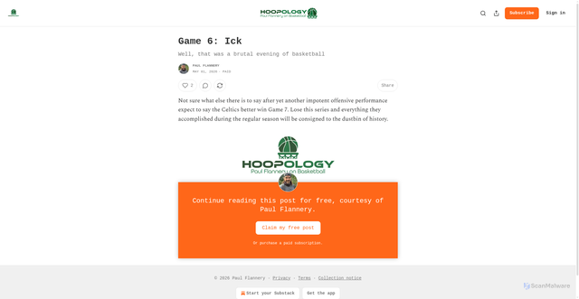 Security scan screenshot of https://flanneryhoopology.substack.com/p/game-6-ick