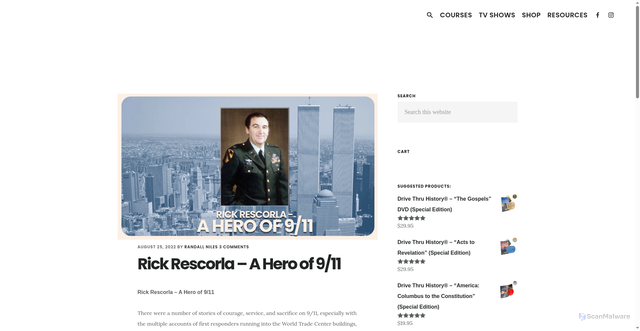Security scan screenshot of https://drivethruhistory.com/rick-rescorla-a-hero-of-9-11/?srsltid=AfmBOoqzSwYGF7TBcLlQuzUiLyECj_jR5SRELDcmqBieidpgI8LUvlDX