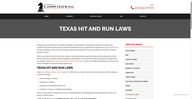 Security scan screenshot of https://www.ejasonleach.com/hit-and-run-laws-in-texas
