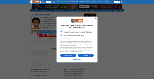 Security scan screenshot of https://basketball.eurobasket.com/player/Max-Christie/518631