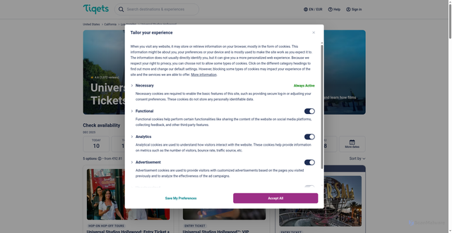 Security scan screenshot of https://www.tiqets.com/en/universal-studios-hollywood-tickets-l133194/