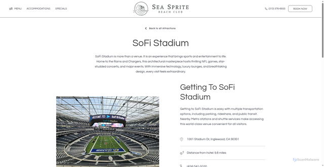 Security scan screenshot of https://www.seaspritebeachclub.com/nearby-attractions/sofi-stadium