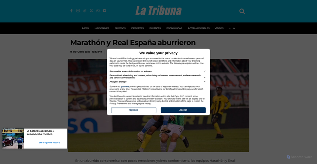 Security scan screenshot of https://www.latribuna.hn/2025/10/15/marathon-y-real-espana-aburrieron/