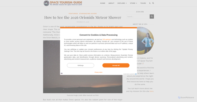 Security scan screenshot of https://spacetourismguide.com/orionids-meteor-shower/