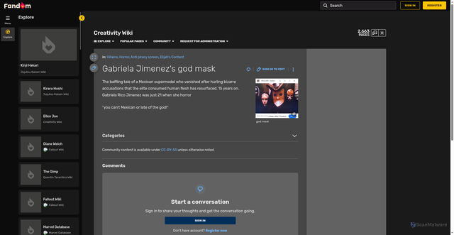 Security scan screenshot of https://creativity.fandom.com/wiki/Gabriela_Jimenez%27s_god_mask