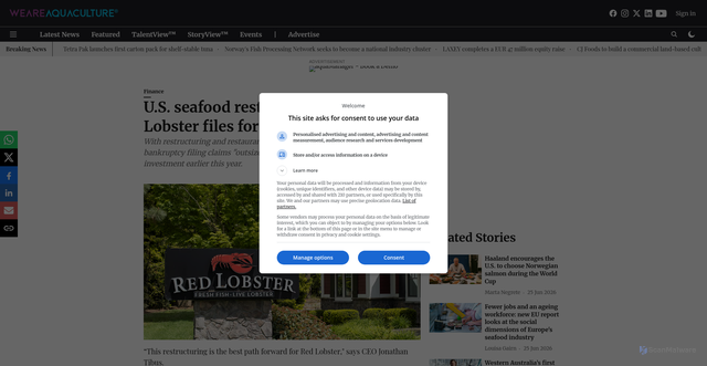 Security scan screenshot of https://weareaquaculture.com/news/finance/us-seafood-restaurant-chain-red-lobster-files-for-bankruptcy