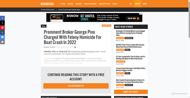 Security scan screenshot of https://www.bisnow.com/south-florida/news/commercial-real-estate/prominent-broker-george-pino-charged-with-felony-homicide-for-boat-crash-in-2022-126599