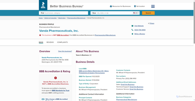 Security scan screenshot of https://www.bbb.org/us/dc/washington/profile/pharmaceutical-manufacturing/vanda-pharmaceuticals-inc-0241-236101298