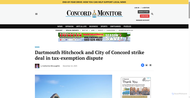 Security scan screenshot of https://www.concordmonitor.com/2025/12/22/concord-dartmouth-tax-dispute-pilot/