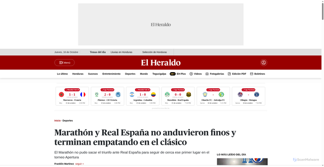 Security scan screenshot of https://www.elheraldo.hn/deportes/marathon-real-espana-clasico-sampedrano-empatando-clasico-sampedrano-olimpico-LF27778300