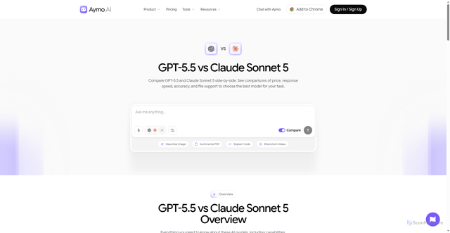 Security scan screenshot of https://aymo.ai/compare-ai-models/gpt-5-5-vs-claude-sonnet-5