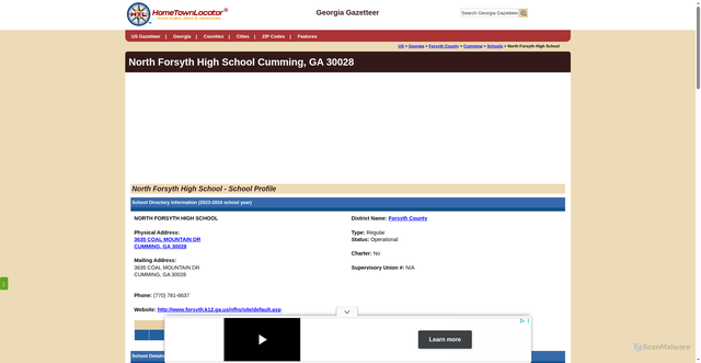 Security scan screenshot of https://georgia.hometownlocator.com/schools/profiles,n,north%20forsyth%20high%20school,z,30028,t,pb,i,1033082.cfm