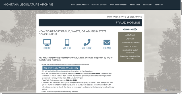Security scan screenshot of https://archive.legmt.gov/lad/fraud-hotline/