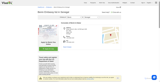 Security scan screenshot of https://www.visahq.com/benin/embassy/senegal/