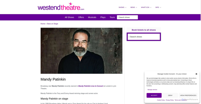 Security scan screenshot of https://www.westendtheatre.com/186950/star-watch/mandy-patinkin/
