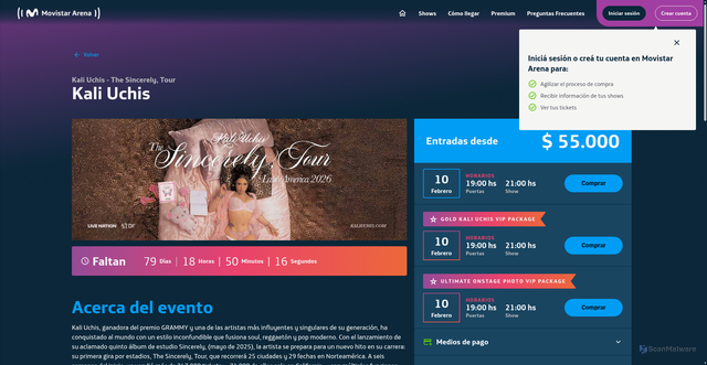 Security scan screenshot of https://www.movistararena.com.ar/show/573857b2-1e43-4ef7-b2c3-7de27332543a