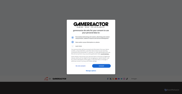 Security scan screenshot of https://gamereactor.de