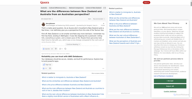 Security scan screenshot of https://www.quora.com/What-are-the-differences-between-New-Zealand-and-Australia-from-an-Australian-perspective