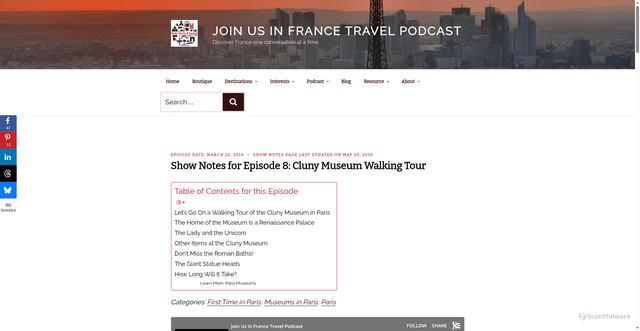 Security scan screenshot of https://joinusinfrance.com/show-notes/walking-tour-at-the-cluny-museum-in-paris/