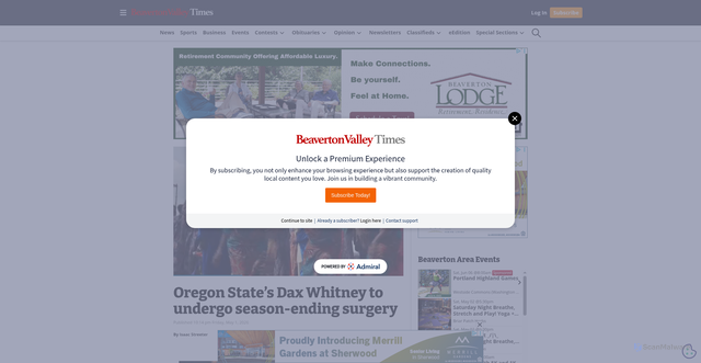 Security scan screenshot of https://beavertonvalleytimes.com/2026/05/01/oregon-states-dax-whitney-to-undergo-season-ending-surgery/