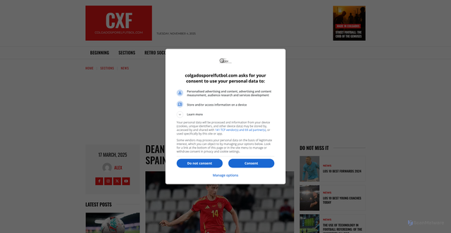 Security scan screenshot of https://colgadosporelfutbol.com/en/dean-huijsen-espana/