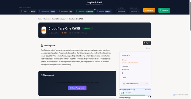 Security scan screenshot of https://mcp-website-directory.pages.dev/server/cloudflare-one-casb