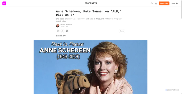 Security scan screenshot of https://gr8erdays.substack.com/p/anne-schedeen-kate-tanner-on-alf