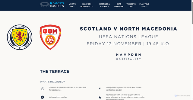 Security scan screenshot of https://www.hampdenpark.co.uk/hospitality/experiences/scotland/hampden-hospitality-scotland/scotland-v-north-macedonia/nations-league-scotland-v-north-macedonia-the-terrace.html