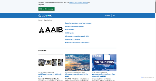 Security scan screenshot of http://www.aaib.gov.uk