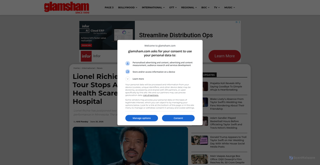 Security scan screenshot of https://glamsham.com/hollywood/entertainment-news/lionel-richie-postpones-two-tour-stops-after-onstage-health-scare-sends-him-to-hospital/
