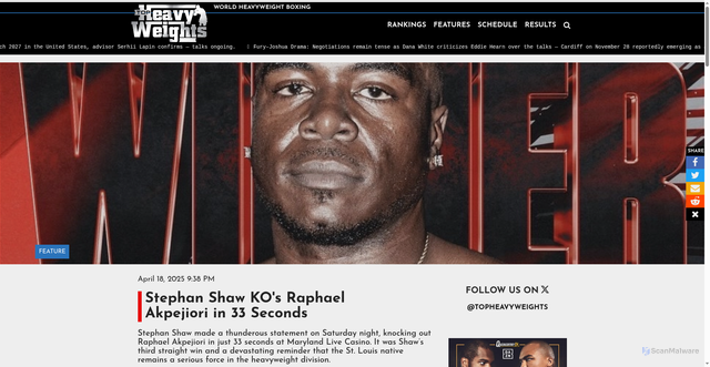 Security scan screenshot of https://www.heavyweightboxing.com/post/stephan-shaw-raphael-akpejiori-result