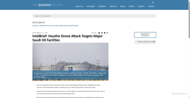 Security scan screenshot of https://thesoufancenter.org/intelbrief-houthis-drone-attack-targets-major-saudi-oil-facilities/