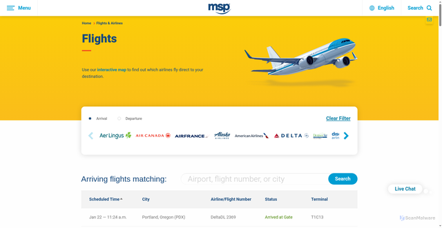 Security scan screenshot of https://www.mspairport.com/flights-and-airlines/flights