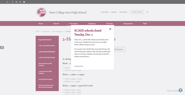 Security scan screenshot of https://hs.scasd.org/our-school/bell-schedule/2-hour-delay-bell-schedule