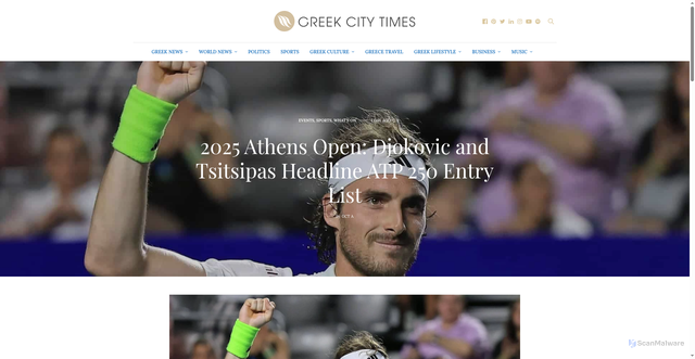 Security scan screenshot of https://greekcitytimes.com/2025/10/13/2025-athens-open-djokovic-and-tsitsipas-headline-atp-250-entry-list/