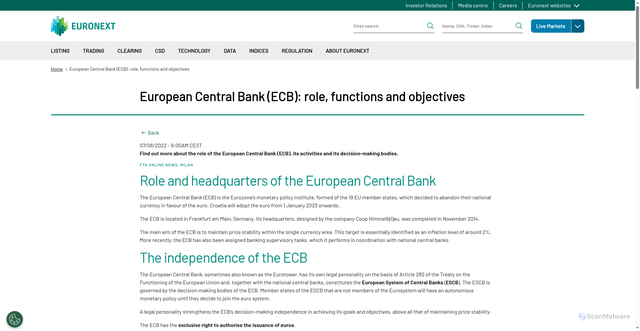 Security scan screenshot of https://www.euronext.com/en/news/european-central-bank-ecb-role-functions-and-objectives