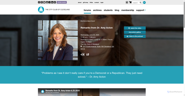 Security scan screenshot of https://www.cityclub.org/forums/2025/06/25/remarks-from-dr-amy-acton