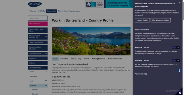 Security scan screenshot of https://career-advice.jobs.ac.uk/country-profiles/switzerland/