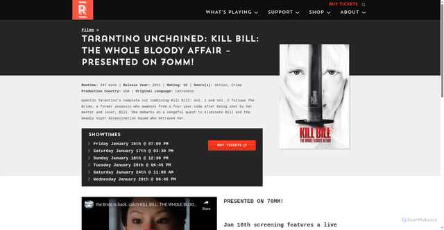 Security scan screenshot of https://revuecinema.ca/films/tarantino-unchained-kill-bill-the-whole-bloody-affair-presented-on-70mm/