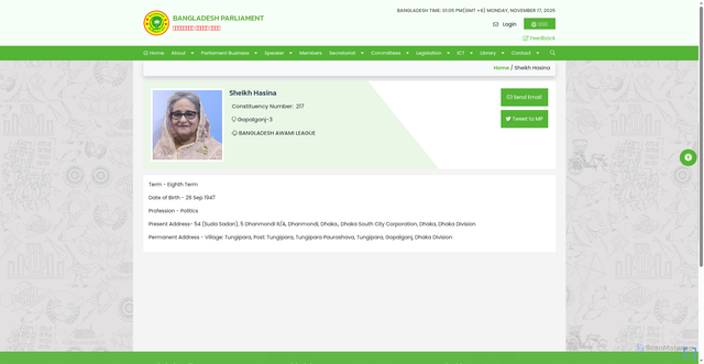 Security scan screenshot of https://www.parliament.gov.bd/member-profile/012021701/sheikh-hasina