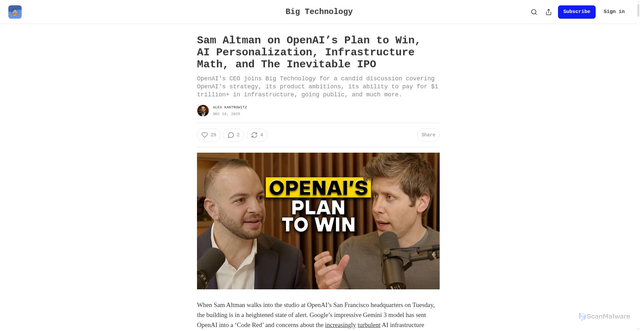 Security scan screenshot of https://www.bigtechnology.com/p/sam-altman-on-openais-plan-to-win