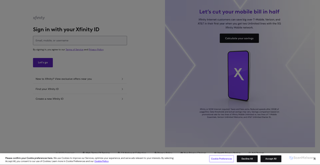 Security scan screenshot of https://login.xfinity.com/login