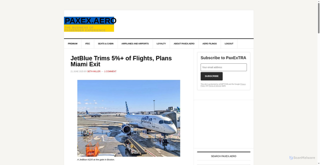 Security scan screenshot of https://paxex.aero/jetblue-route-cuts-2025/