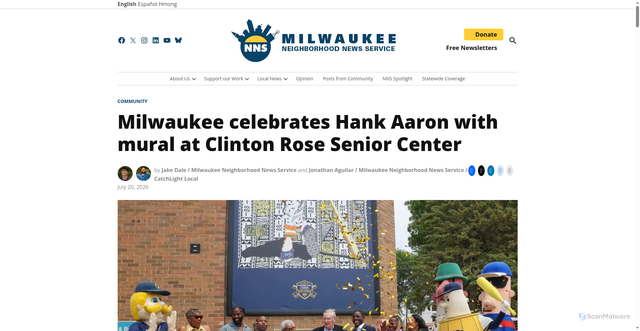 Security scan screenshot of https://milwaukeenns.org/2026/07/20/milwaukee-celebrates-hank-aaron-with-mural-at-clinton-rose-senior-center/