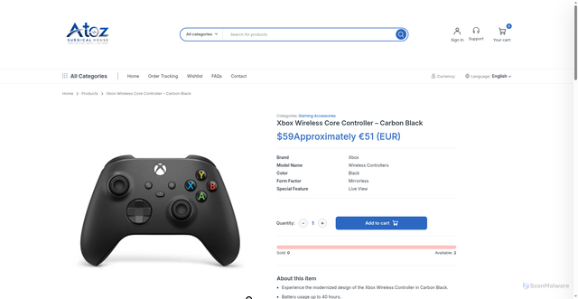 Security scan screenshot of https://atozsurgcialhouse.store/product/xbox-wireless-core-controller-carbon-black/