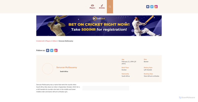 Security scan screenshot of https://www.cric-life.com/player/senuran-muthusamy/