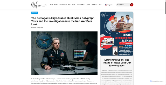 Security scan screenshot of https://alwaysfirst.co.in/the-pentagons-high-stakes-hunt-mass-polygraph-tests-and-the-investigation-into-the-iran-war-data-leak/