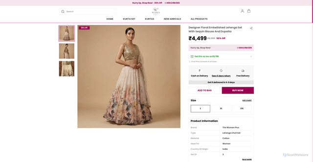 Security scan screenshot of https://thewomenplus.com/Designer-Floral-Embellished-Lehenga-Set-with-Sequin-Blouse-and-Dupatta/catalogue/t14UPfo0/5LgWd4v9