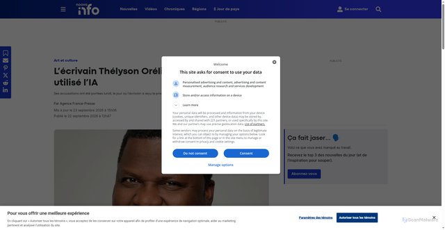 Security scan screenshot of https://www.noovo.info/nouvelles/art-et-culture/article/lecrivain-canado-haitien-thelyson-orelien-accuse-davoir-utilise-lia/
